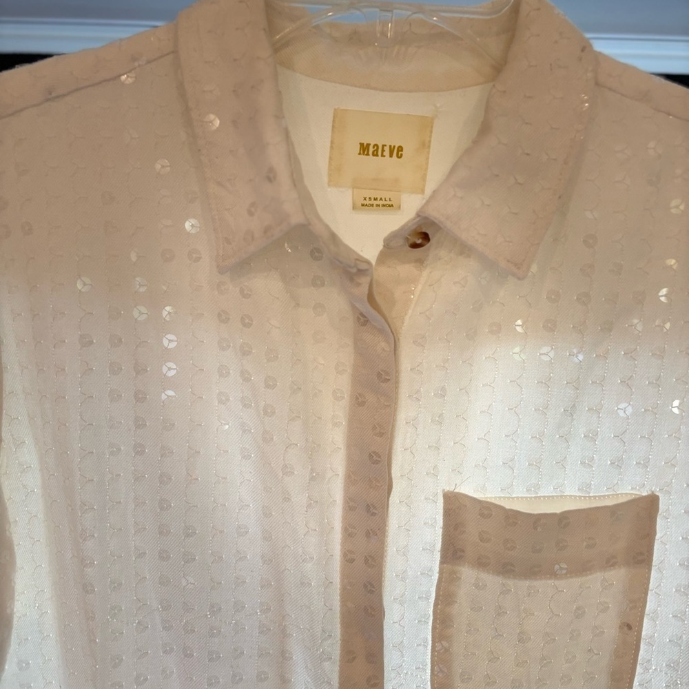 Anthropologie Maeve Ivory Sequins Button Down Tunic Shirt Holiday Oversized XS - Picture 4 of 7
